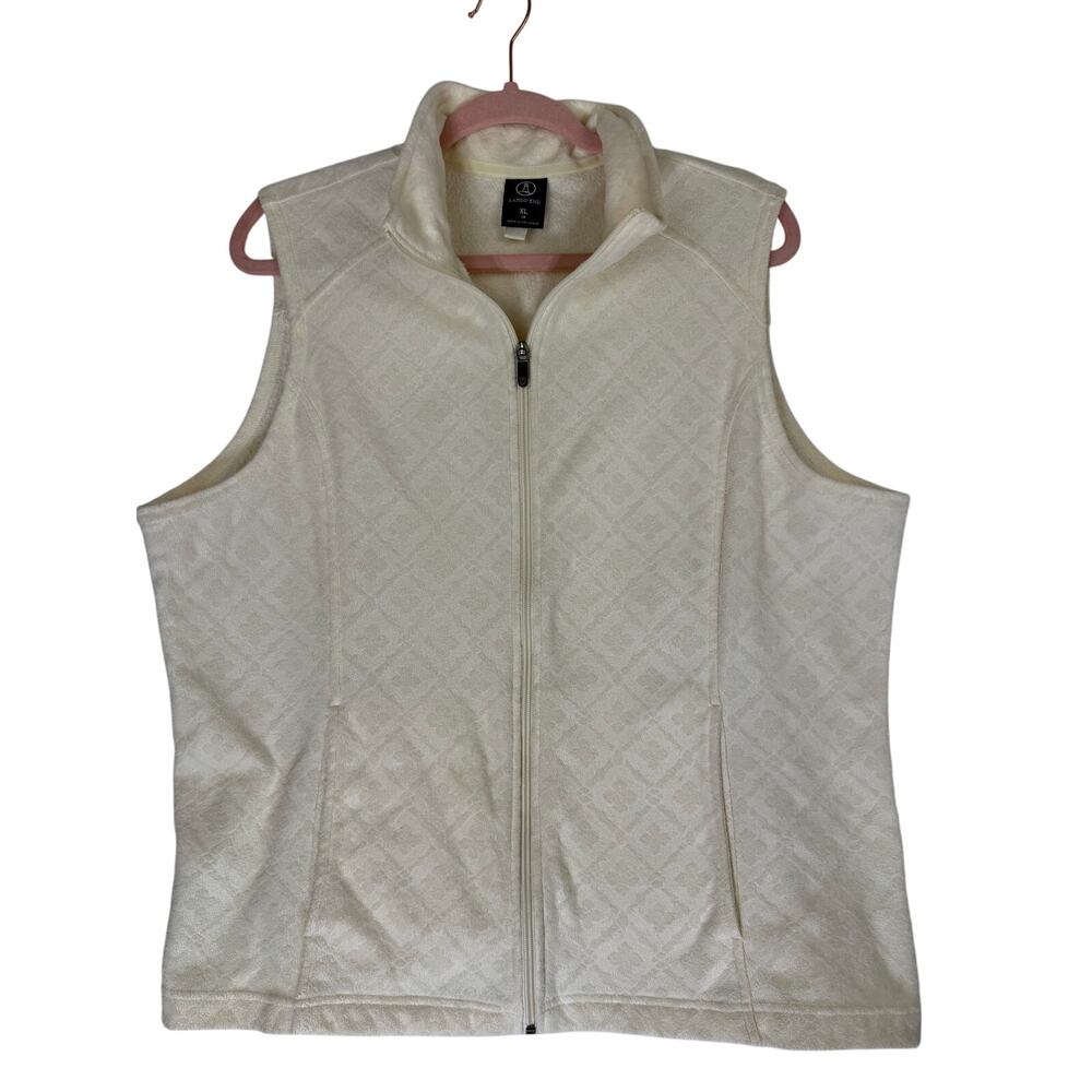 Land's End Ivory Sleeveless Mock Neck‎ Zipper Up Fleece Vest Preppy Top Size XL